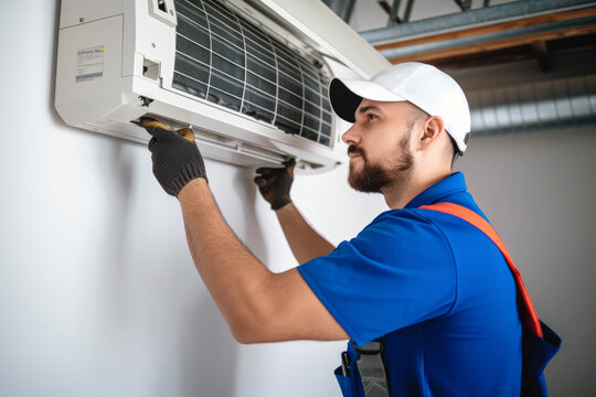 Air conditioning technician servicing a wall-mounted AC unit in Marana, AZ