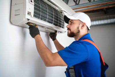 Air conditioning technician servicing a wall-mounted AC unit in Marana, AZ