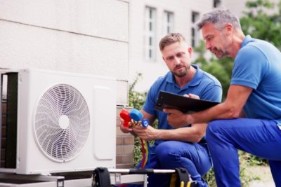 HVAC technicians reviewing an outdoor air conditioning unit in Marana, AZ